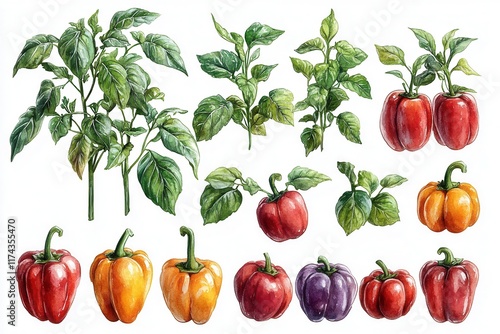 An illustration of various types of bell peppers and their plants.