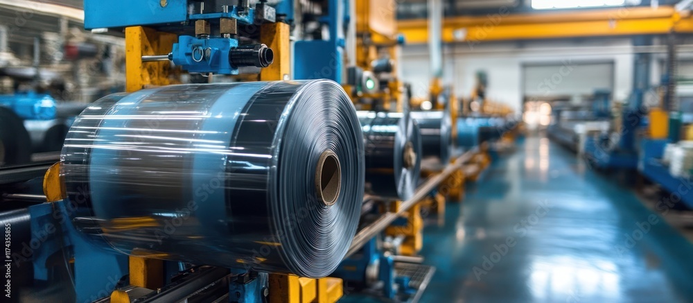 Close up of industrial machinery rolling a large roll of transparent plastic film in a factory. Close up of industrial machinery rolling a large roll of transparent plastic film in a factory.