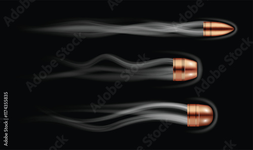 Set illustration of three copper bullets, each fired at high speed. The bullets, with their respective smoke trails, vary in design and movement, emphasizing the velocity and power of each shot. Again