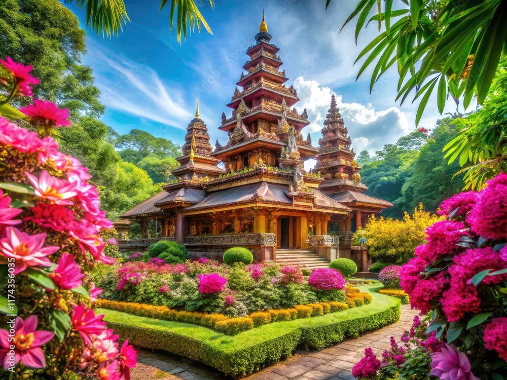 Obraz premium Serene Ancient Temple, Blooming Flowers, AI Photography
