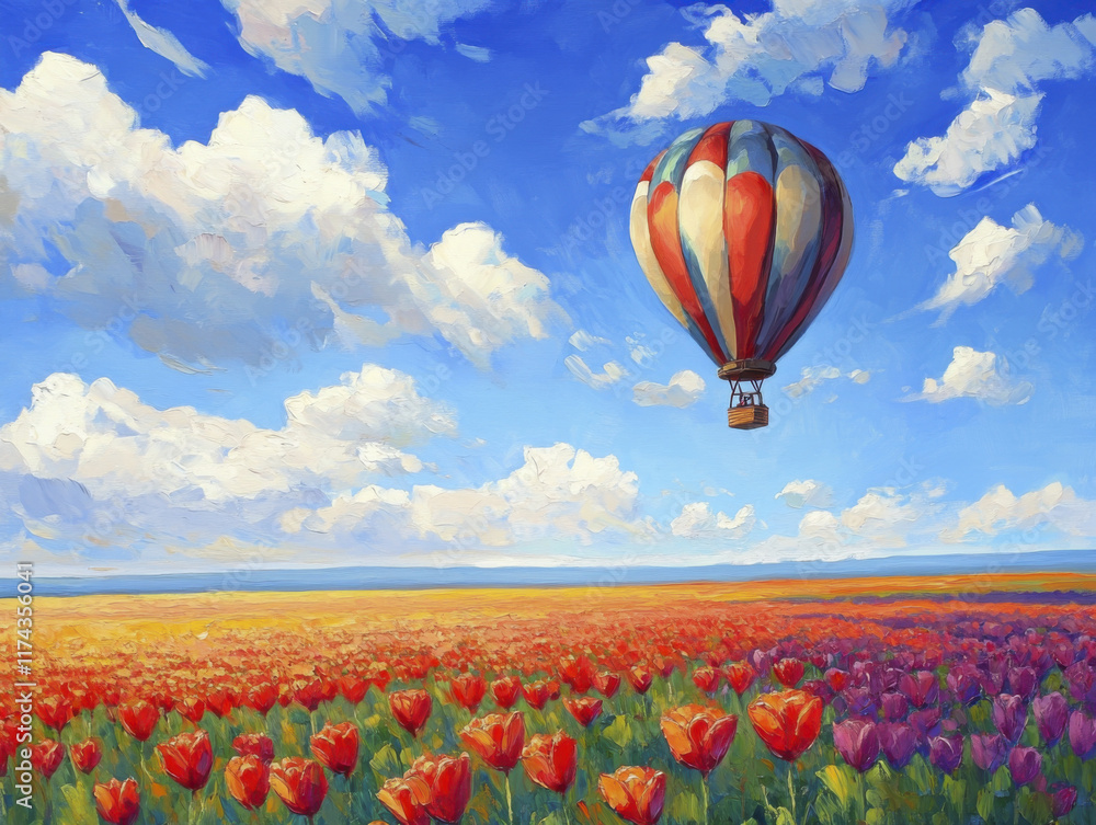 Fototapeta premium Dreamy hot air balloon over vibrant tulip field under blue sky