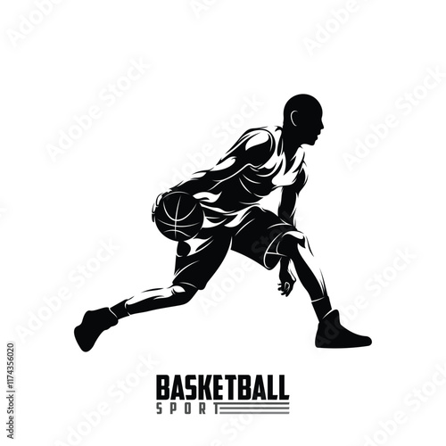 Vector illustration of the silhouette of a basketball player, drawn in black and white vector art style. Suitable for logo design, sports merchandise, posters, etc.