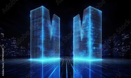 3D holographic image, blue high-rise building