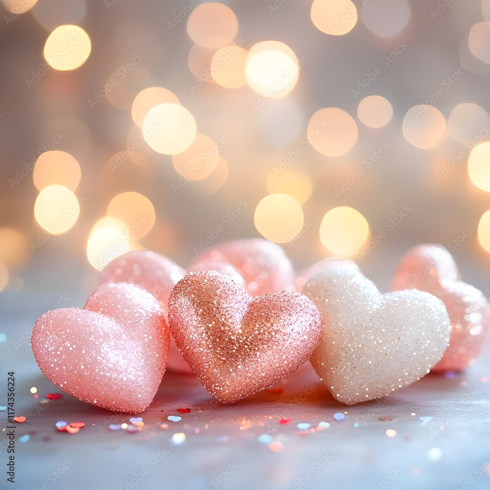 Obraz premium Delicate Pink and Red Glittering Hearts on Soft Bokeh Background