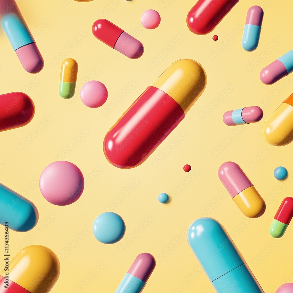 Colorful capsules and pills floating against a bright background, representing health and medicine. Colorful capsules and pills floating against a bright background, representing health and medicine.