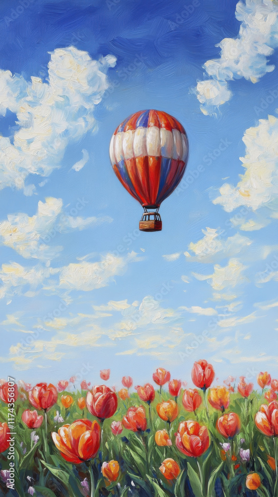 Naklejka premium vibrant hot air balloon floats above colorful tulip field under bright blue sky