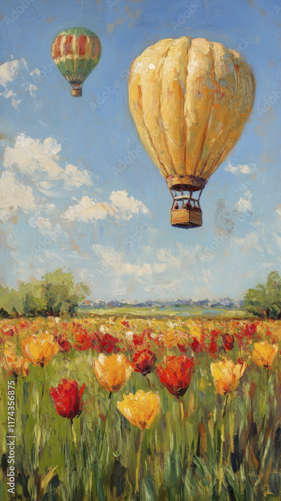 Obraz premium Hot air balloons float over vibrant tulip field under clear sky