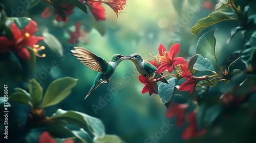 Hummingbirds Kissing Amidst Lush Red Blossoms: A Serene Nature Scene
