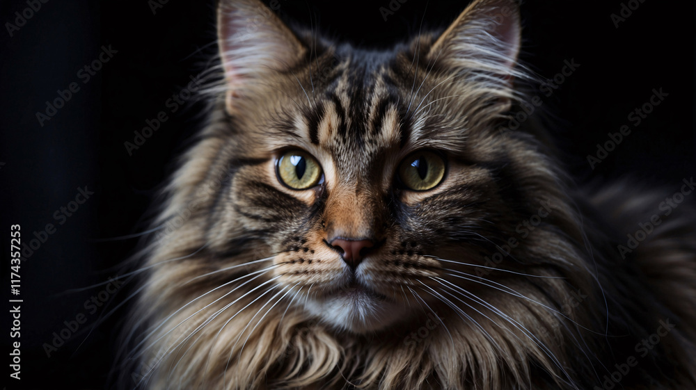 Beautiful Norwegian Forest Cat Pictured in Studio with Impressive Long Fur Against Black Background Beautiful Norwegian Forest Cat Pictured in Studio with Impressive Long Fur Against Black Background