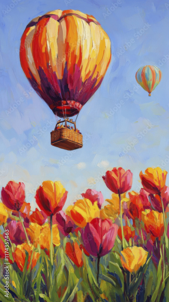 Fototapeta premium Vibrant hot air balloons soaring above colorful tulips in full bloom