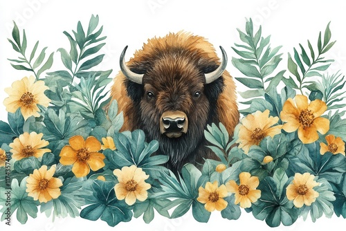 Wallpaper Mural A watercolor illustration of a bison surrounded by flowers and foliage. Torontodigital.ca