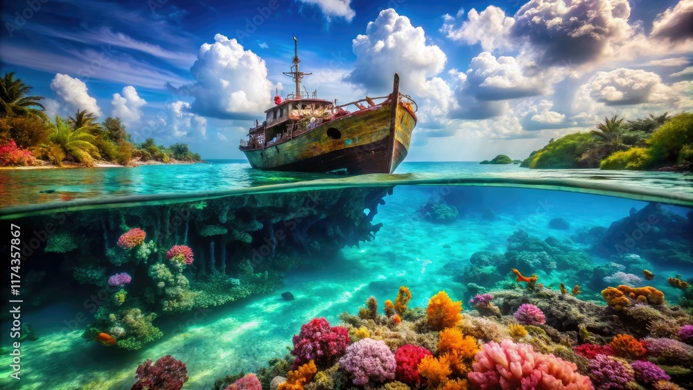 Obraz premium Shipwreck Maldives Indian Ocean Bokeh Underwater Scenic