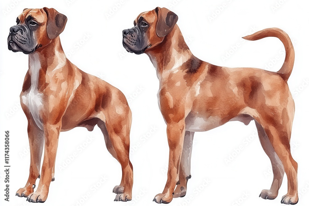 Illustration of two Boxer dogs in a standing pose, showcasing their muscular build.