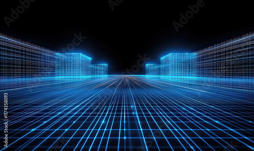 3D holographic image, blue high-rise building
