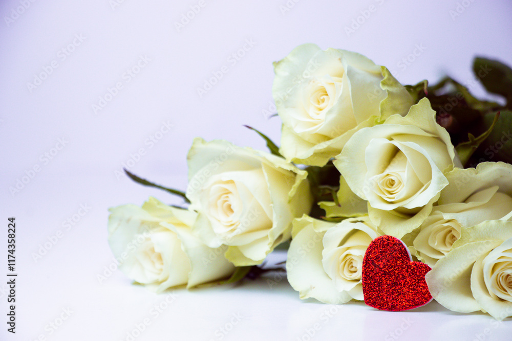 Fototapeta premium A glittery red heart lies atop elegant white roses, symbolizing love and purity. A perfect representation of romance, passion, and beauty for Valentine's Day