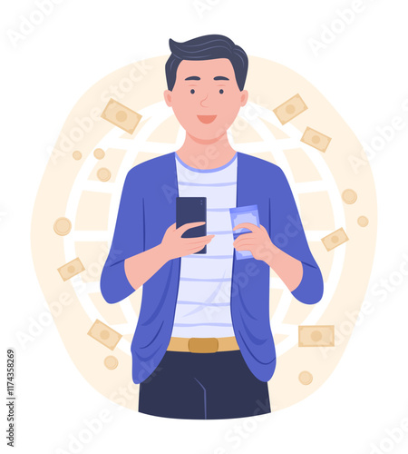 Business Man Getting Cash Money from Online Money Transfer by Smartphone for Financial Technology Concept Illustration