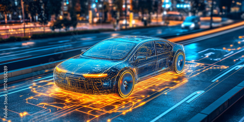A futuristic electric car driving autonomously through a city at night,