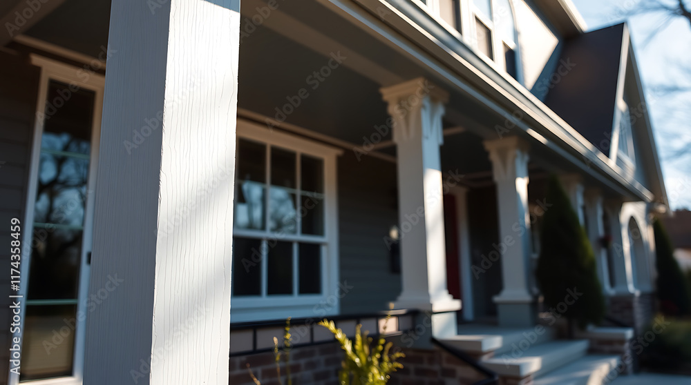 Close-up view of a house's front porch, showcasing gray siding, white columns, and a brick foundation. Windows and a portion of the roofline are visible. Sunlight illuminates parts of the porch. Close-up view of a house's front porch, showcasing gray siding, white columns, and a brick foundation. Windows and a portion of the roofline are visible. Sunlight illuminates parts of the porch.
