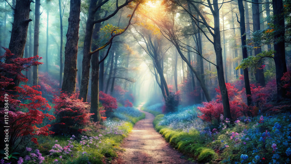 Fototapeta premium serene forest path surrounded by vibrant flowers and misty trees