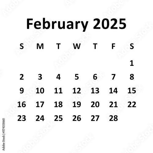 february 2025. monthly calendar or planner design. week starts on sunday. printable, editable, simple, and clean vector design isolated on white background.