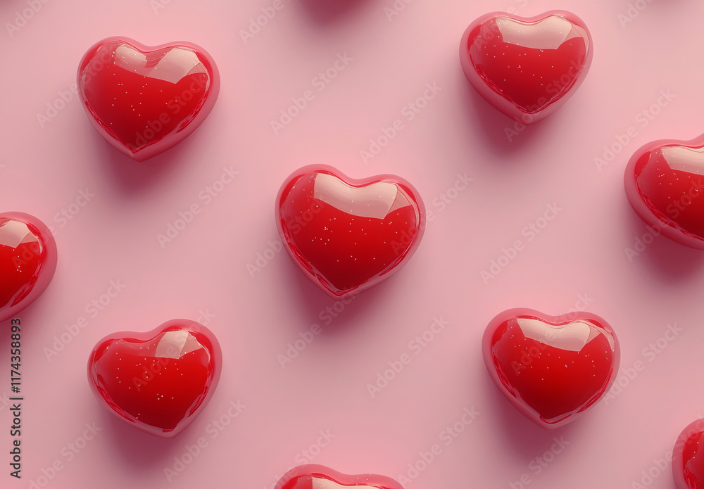 Fototapeta premium A seamless pattern of bold red hearts arranged on a soft pink background. The flat design and balanced composition create a playful and modern aesthetic, perfect for a variety of creative projects.