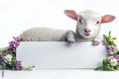 A white lamb is laying on a bed of flowers and a blank sign