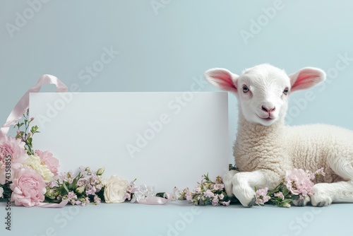 A white lamb is laying on a bed of flowers and a blank sign