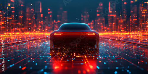 A sleek, futuristic car drives through a vibrant, neon-lit cityscape at night.