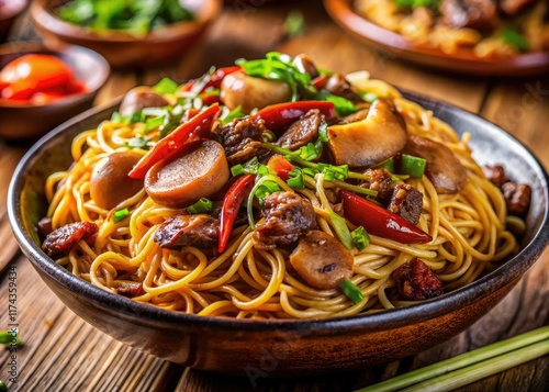 Singapore Bak Chor Mee - Spicy Dry Noodles with Mushrooms & Pork - Night Photography