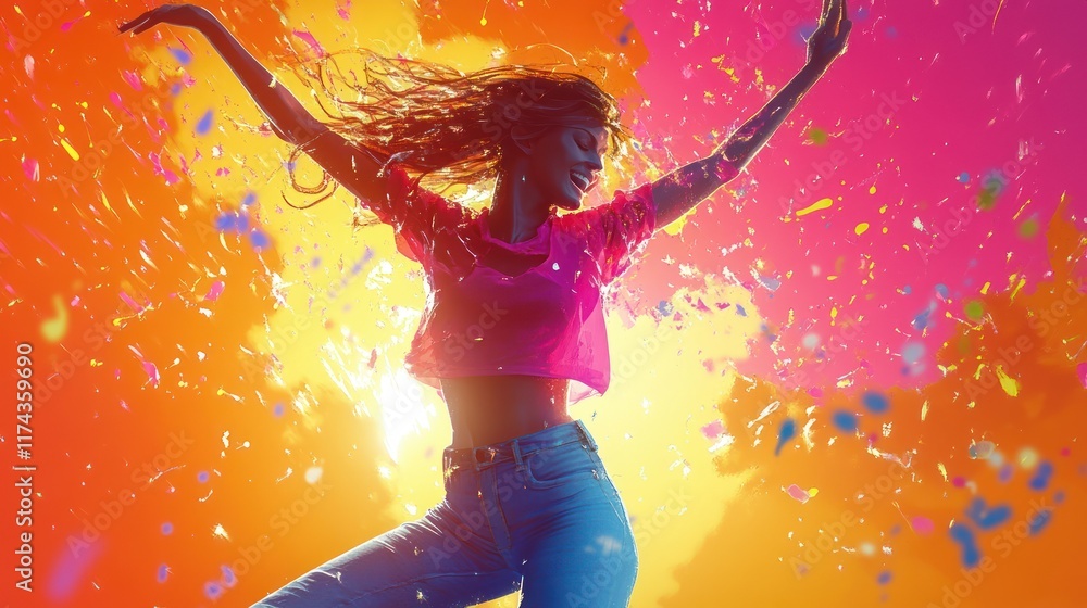 A young woman with long hair dances in a bright, colorful background. A young woman with long hair dances in a bright, colorful background.
