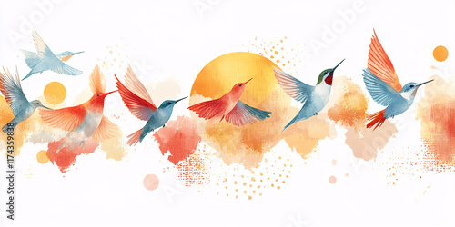 Watercolor painting of colorful hummingbirds in flight against a vibrant sunset backdrop.