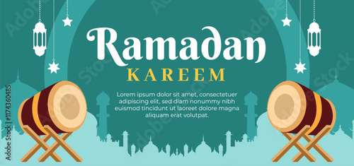 Ramadan Kareem Celebration: A visually appealing banner design for Ramadan, incorporating traditional elements such as mosques, drums, lanterns, and crescent moons against a teal backdrop