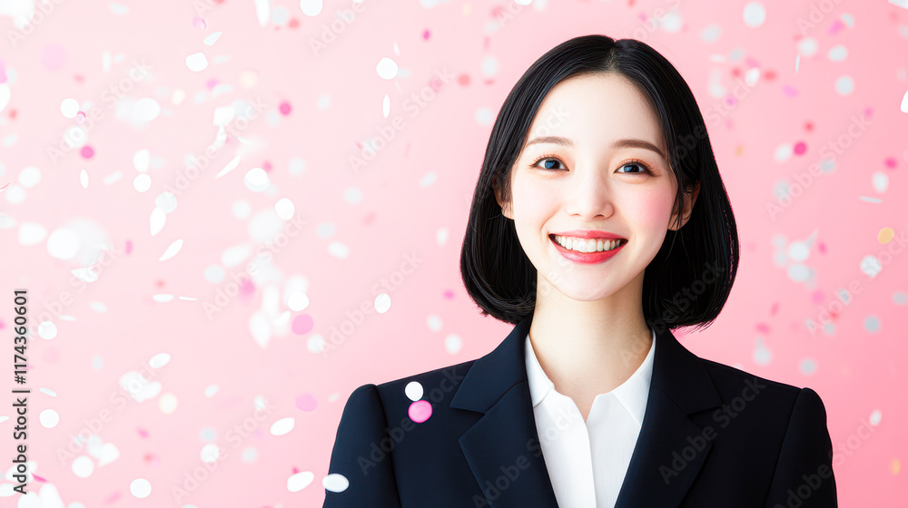 A woman in a business suit is smiling and looking at the camera A woman in a business suit is smiling and looking at the camera