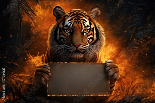 A tiger holding a blank piece of paper in front of a fire