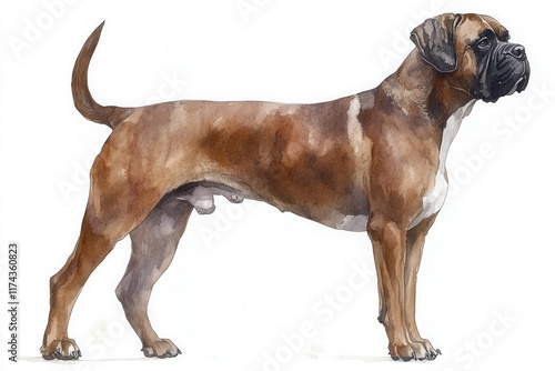 A watercolor illustration of a standing Boxer dog, showcasing its muscular build and stance.