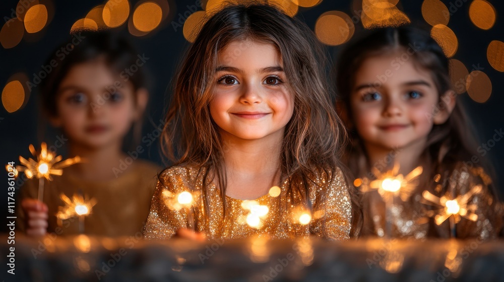 A joyful scene of three girls holding sparklers, celebrating with festive lights. A joyful scene of three girls holding sparklers, celebrating with festive lights.
