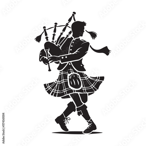 Highland Dance Silhouette Vector Illustration, Solid White Background.