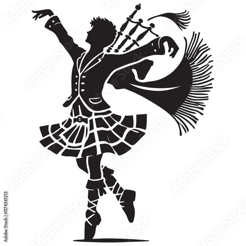 Highland Dance Silhouette Vector Illustration, Solid White Background.