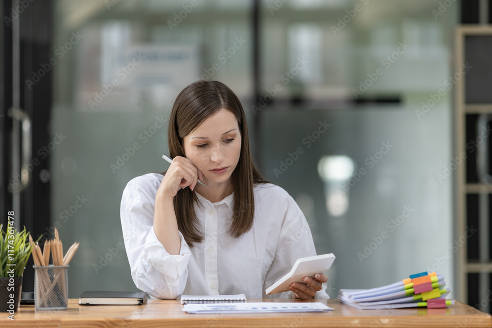 A businesswoman is holding a calculator while sitting and looking at documents on her desk. A businesswoman is holding a calculator while sitting and looking at documents on her desk.