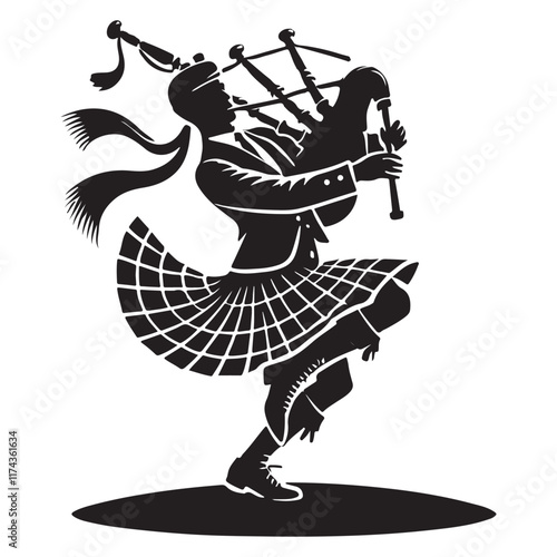 Highland Dance Silhouette Vector Illustration, Solid White Background.