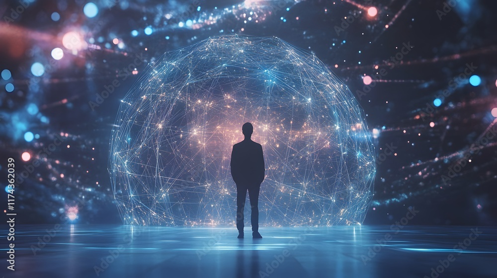 Exploring the digital cosmos a businessman's journey through abstract technology visualization Exploring the digital cosmos a businessman's journey through abstract technology visualization