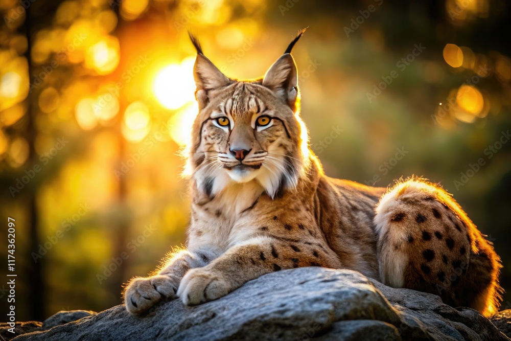 Obraz premium Majestic Eurasian lynx basks in sunlight, a wildcat at rest on sun-drenched rocks.