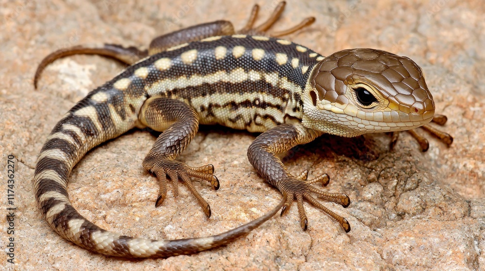 A close-up of a striped lizard on rocky terrain. A close-up of a striped lizard on rocky terrain.