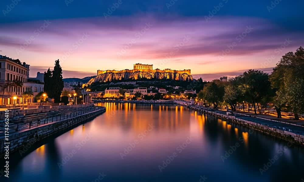 A stunning sunset view of the Acropolis reflecting on water in Athens. A stunning sunset view of the Acropolis reflecting on water in Athens.