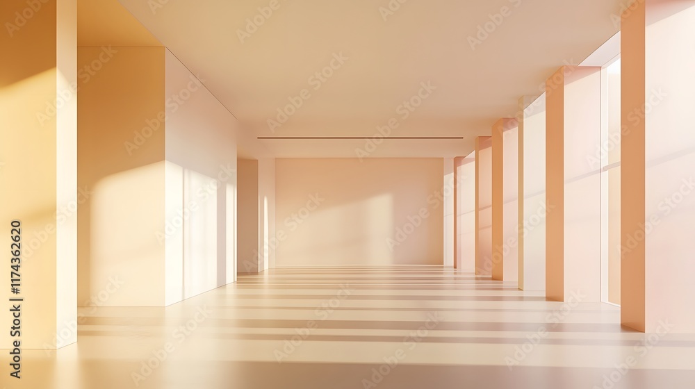 Fototapeta premium A spacious, empty exhibition hall with simple walls and a neutral color palette, offering flexibility for large product displays