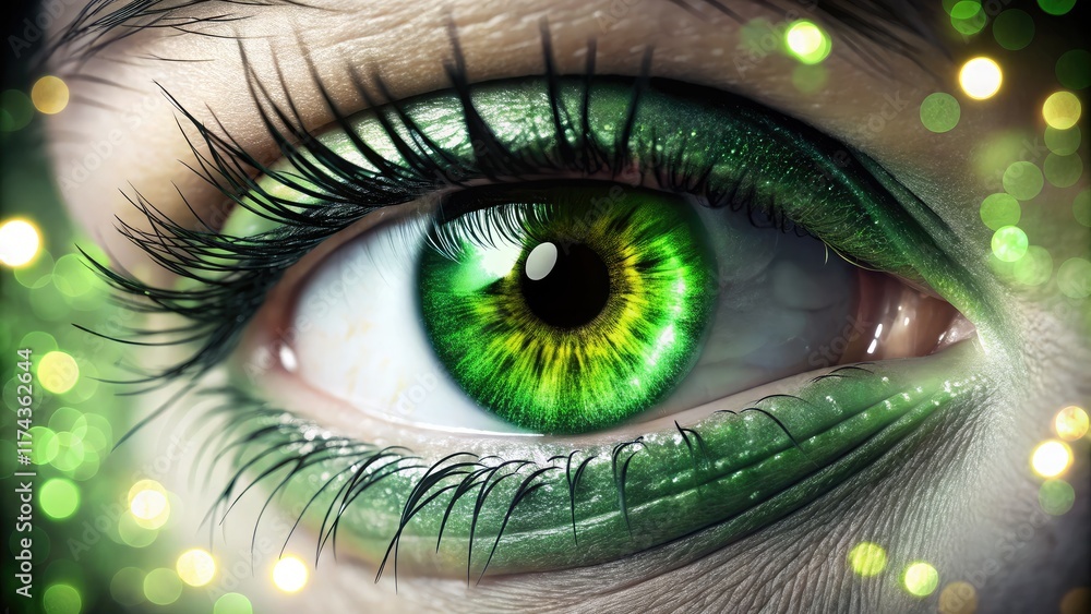 Obraz premium Striking Green Eye Night Photography AI Art
