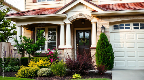 Fototapeta Naklejka Na Ścianę i Meble -  Brick House with Attached Garage and Landscaped Yard