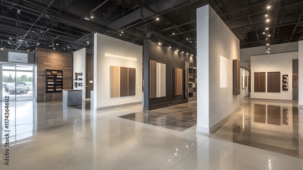 Obraz premium A sleek, modern showroom with large, empty walls and an open floor plan, designed to highlight products without distractions