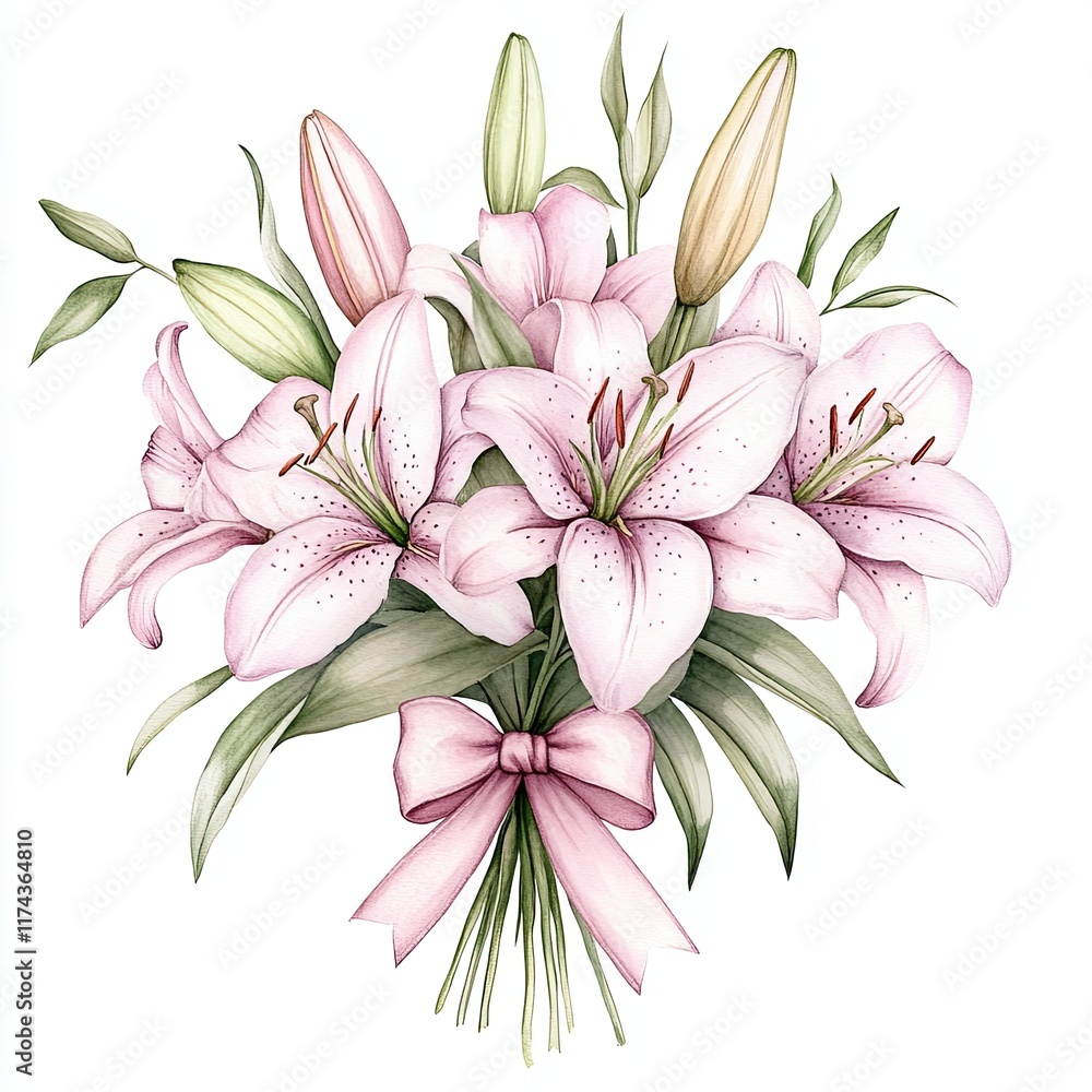 Fototapeta premium Elegant Pink Lily Bouquet with Ribbon, Beautiful bouquet of pink lilies with lush green leaves, tied with a soft pink ribbon, symbolizing elegance, grace, and celebration.