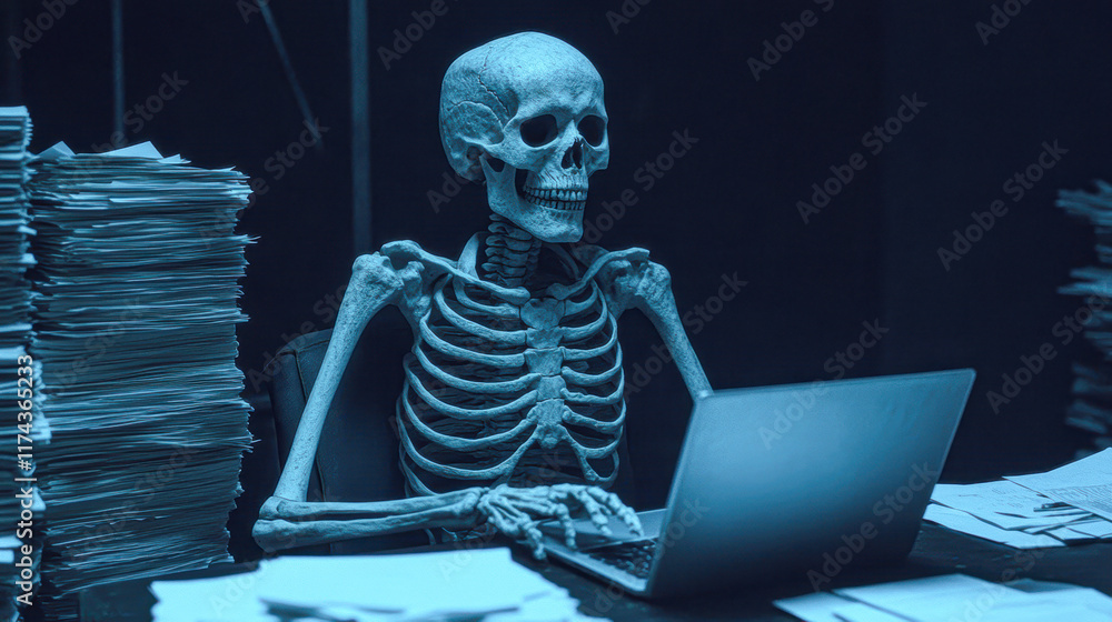 Skeleton working on laptop amidst paperwork in dark room technology office macabre Skeleton working on laptop amidst paperwork in dark room technology office macabre